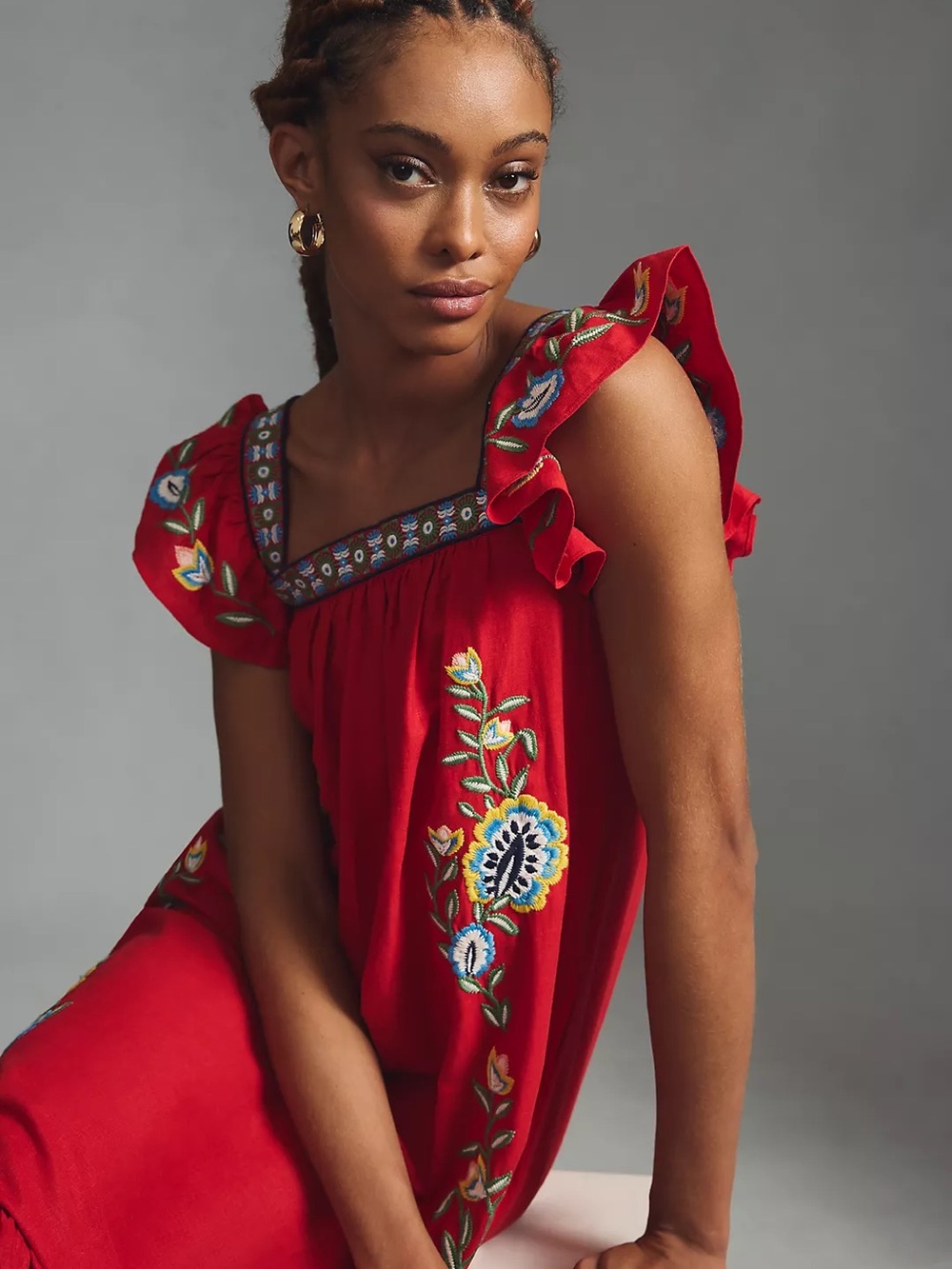 FARM Rio Red Embroidered Ruffle-Sleeve Maxi Dress - Picture 2 of 10